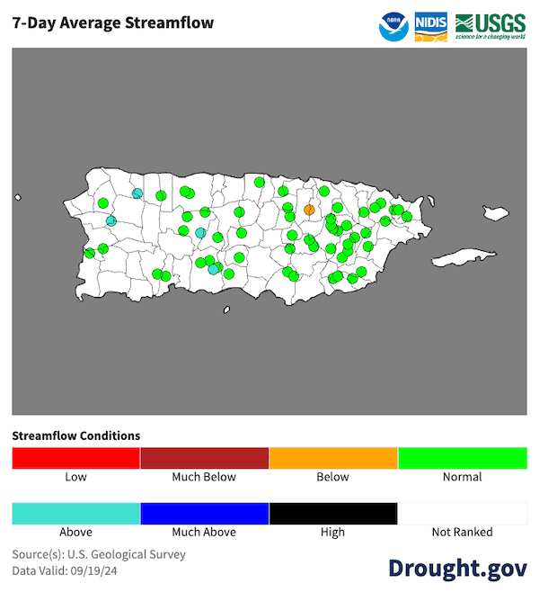 Across Puerto Rico, 7-day average streamflows are mostly normal to above normal.