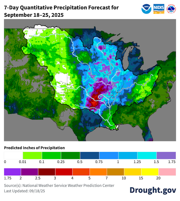 Much of the Mississippi River Basin is expected to see an inch or more precipitation in the next seven days, with 3+ inches forecast in parts of Oklahoma, Missouri, and Arkansas. However, most of the Ohio River Basin will continue to see little to no precipitation.