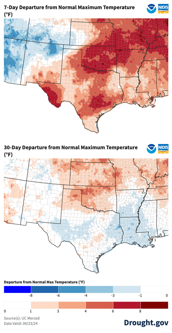 Over the 7-day period to September 23, temperatures were more than 6°F above normal across all of Kansas, Oklahoma, and western and northern Texas. Over the 30-day period to September 23, temperatures were more than 4°F above normal, on average, for the Panhandles regions of Texas and Oklahoma and southwestern Kansas. Temperatures were near to below normal across much of the rest of Texas.