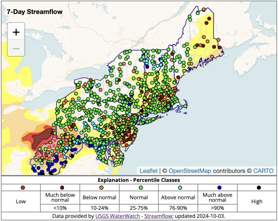 7-day average streamflow conditions are mixed throughout the Northeast. There is a concentration of below-normal streamflows in southern New England and in eastern Maine.