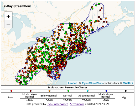 Much below normal streamflows are prevalent in southern New England.