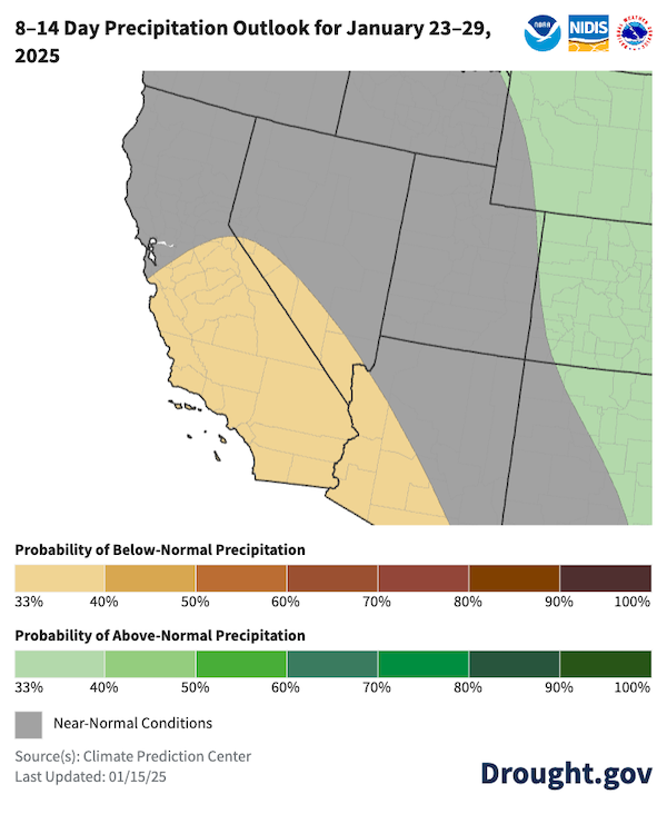 Odds favor below-normal precipitation in southern/central California and southwestern Nevada, with likely near-normal precipitation elsewhere.