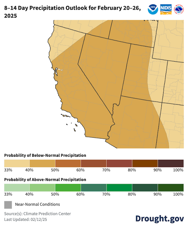  8-14 day outlooks favor below normal precipitation for California-Nevada.