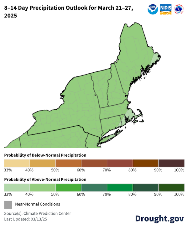 Odds favor above-normal precipitation (33% to 50% probability) in the Northeast from March 21-27.