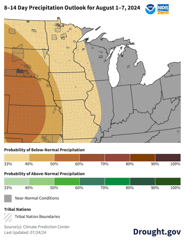 For August 1-7, odds favor near-normal precipitation across the eastern Midwest region, and below-normal precipitation across the western Midwest.