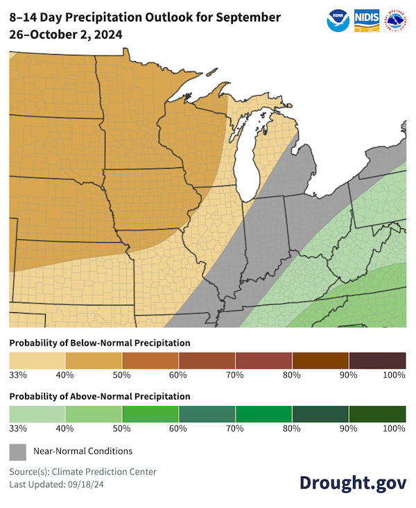 For September 26-October 2, odds favor above-normal temperatures across the entire Midwest region, with the highest probabilities (60-70% probabilities) across the northeast portions of the region. Odds favor below-normal precipitation across northwest portions of the Midwest with the highest probabilities (40-50%) across northwest Minnesota.