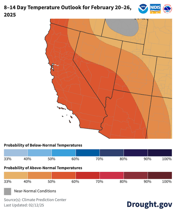 8-14 day outlooks favor above normal temperatures for California-Nevada.