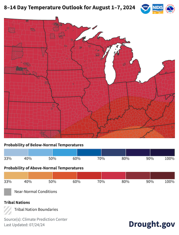 For August 1–7, odds favor above-normal temperatures across the entire Midwest region, with the highest probabilities (70-80% probabilities) across a majority of the Midwest.
