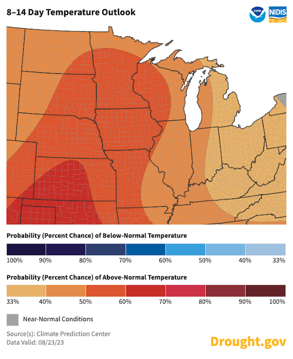 From August 31 through September 6, odds favor above-normal temperatures across the Midwest.