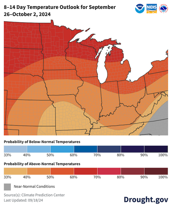 For September 26-October 2, odds favor above-normal temperatures across the entire Midwest region, with the highest probabilities (60-70% probabilities) across the northeast portions of the region. Odds favor below-normal precipitation across northwest portions of the Midwest with the highest probabilities (40-50%) across northwest Minnesota.