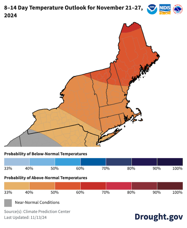 Odds favor above-normal temperatures across the Northeast.