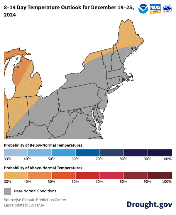  (33% to 40%) chance for above normal temperatures is expected in the northern most portions of New York, Vermont, New Hamps