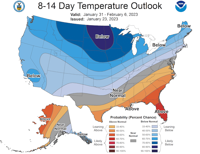 From January 31 to February 6, odds slightly favor below-normal temperatures for almost all of California and the western states.