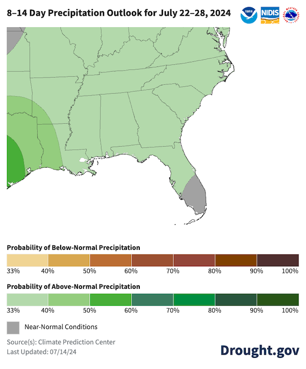 There is a 33%-40% percent chance of above-normal precipitation across the southeast region, except for southern Florida which is expecting near-normal precipitation over the next two weeks.