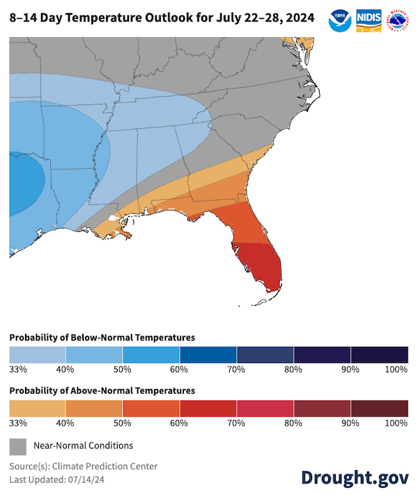 There is 50% - 60% chance of above-normal temperatures in most of Florida. The probability of above normal precipitation decreases as you move north and west. 