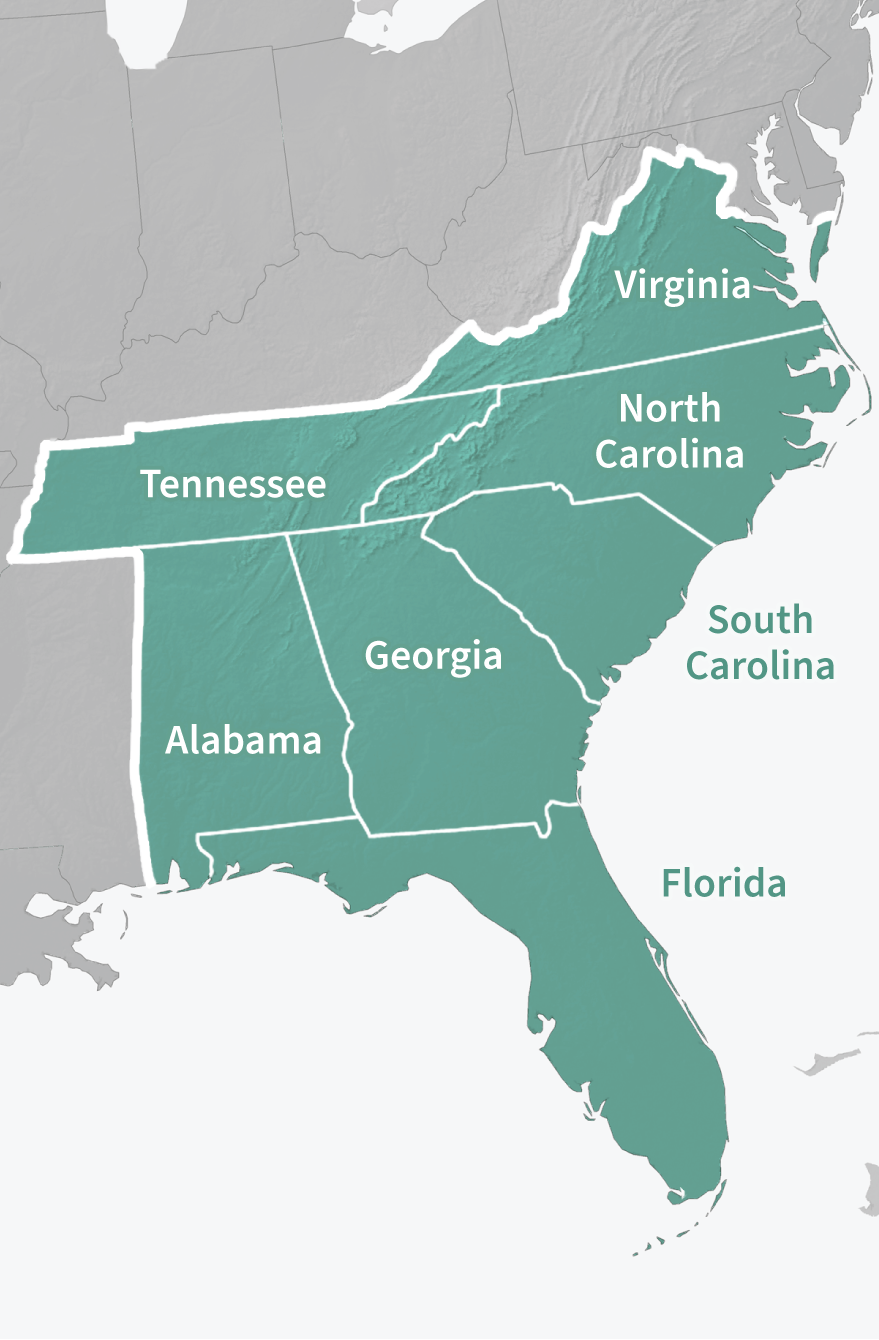 Map of the expanded Southeast DEWS region, which includes Alabama, Florida, Georgia, North Carolina, South Carolina, Virginia, and Tennessee.
