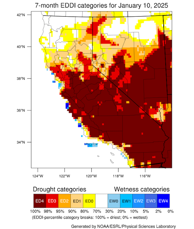 A map of California and Nevada showing the EDDI over the last seven months ending January 10, 2024. Southern and central California and Nevada are showing mostly ED4 categories indicating extremely high evaporative demand. 