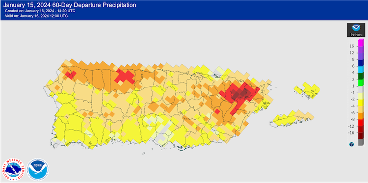 All of puerto Rico experienced below-normal precipitation over the past 60 days. La Sierra de Luquillo, in northeastern Puerto Rico, saw 60-day precipitation deficits of 8–12 inches. Deficits range from 6–12 inches along the northwest coast.