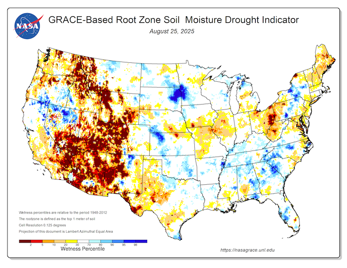 Root zone soil moisture improved over California and Nevada from late August to late November 2025 due to storminess and precipitation.