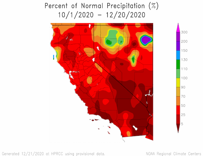 Map of California and Nevada Showing Percent of Normal Precipitation for the Last Year. Most regions show lower precipitation than normal, including regions with values of 5% or lower in southeast California and Nevada