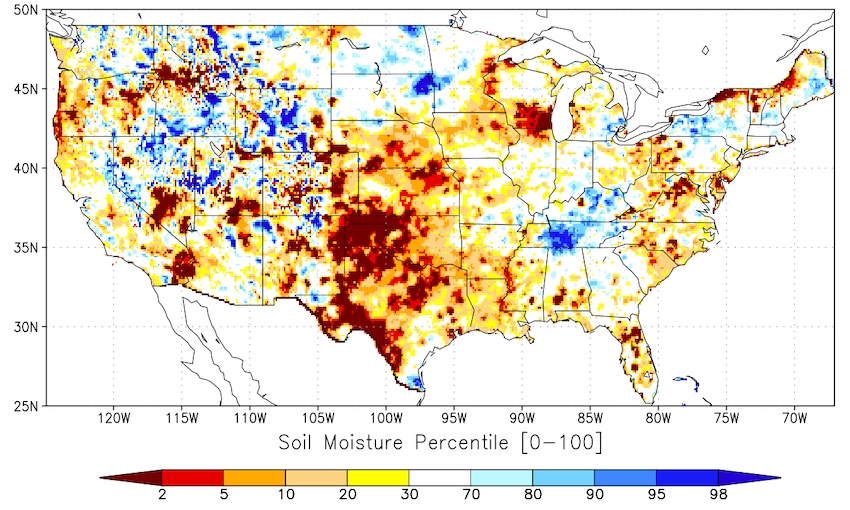 Map of the contiguous U.S. showing the top 1-meter soil moisture percentile for the past month, through February 19, 2022. Soils remain dry for portions of the North Central U.S.