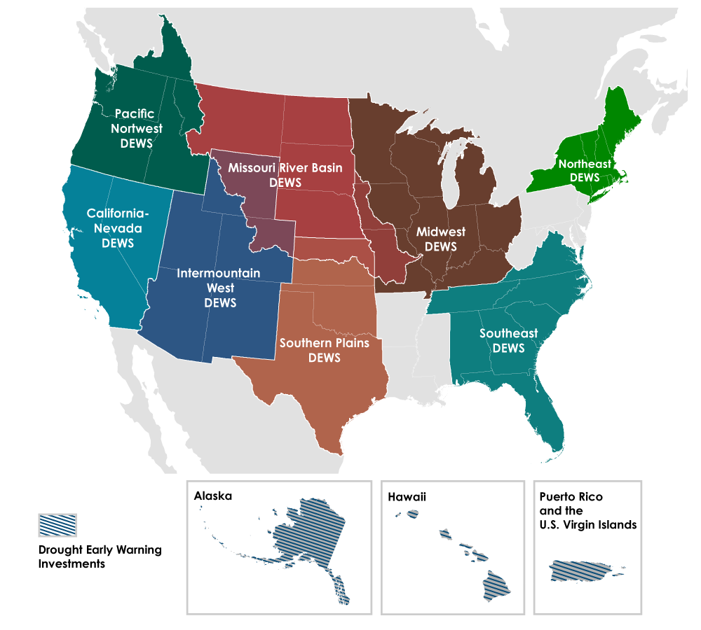 Map of NIDIS Drought Early Warning Systems across the continental U.S.: Pacific Northwest, California-Nevada, Missouri River Basin, Intermountain West, Southern Plains, Midwest, Southeast, and Northeast. Three early warning investment areas are also pictured: Alaska, Hawaii, and Puerto Rico/USVI.