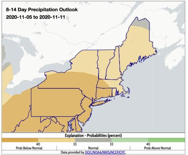 8-14 day precipitation outlook for the Northeast U.S. from NOAA's Climate Prediction Center. Valid for November 5 - 11, 2020.