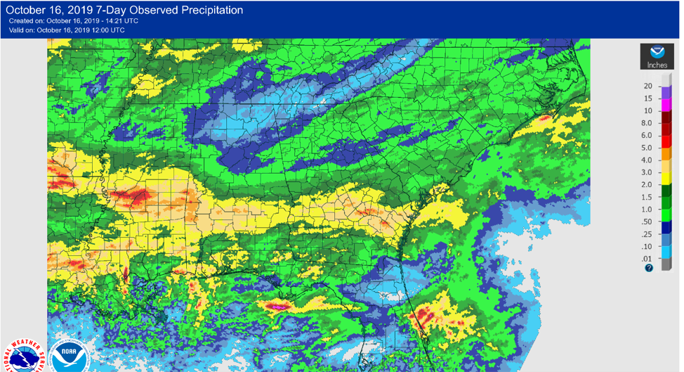 Precipitation across the Southeast in the last 7 days