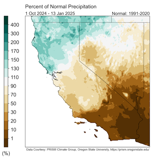  The northern third of the region has received 110%-170% of normal precipitation, the central part of the region has received between 90-50% of normal precipitation and the bottom third of the region has received less than 20% of normal precipitation