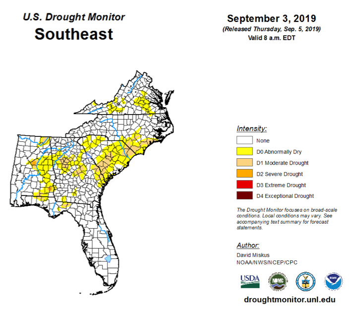 September 3 U.S. Drought Monitor Map for the Southeast U.S.