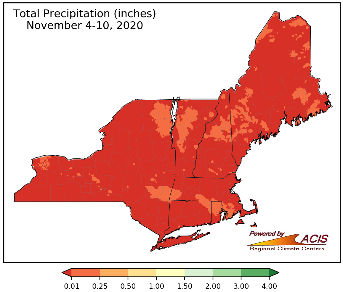 Map of total precipitation in the Northeast, November 4-10, 2020
