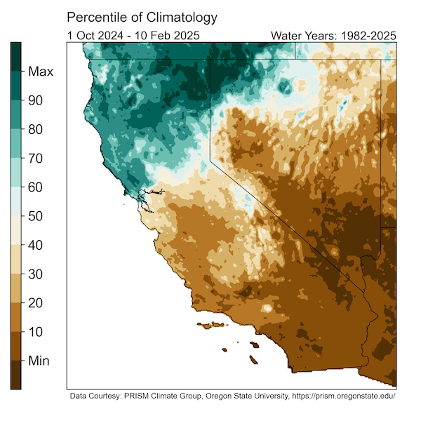 Southern Nevada had the driest start to the water year and other parts of southern California in the bottom 10th percentile, while northeast California and northwest Nevada had the wettest start to the water year. 