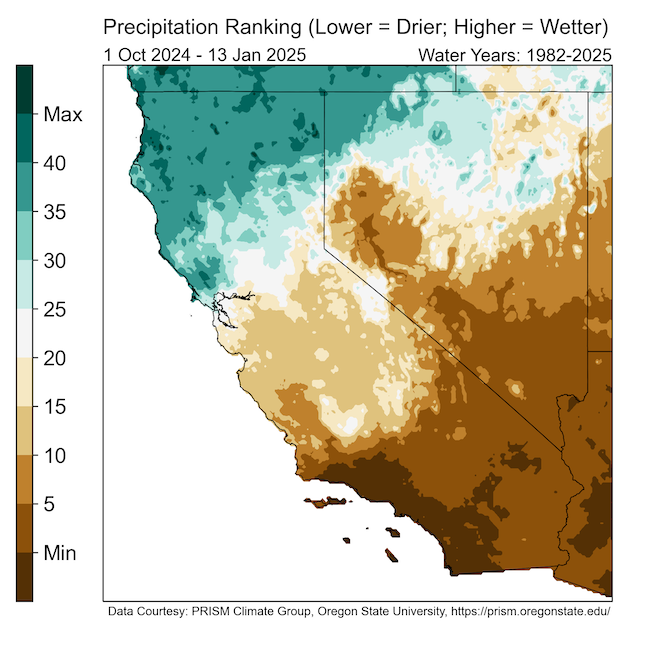 Coastal southern California has had the driest start to the water year and other parts of the southern third of the region has had one of the 5 driest starts to the water year. In contrast Northern California and northwestern Nevada have had one of the top 15 wettest starts to the water year. 