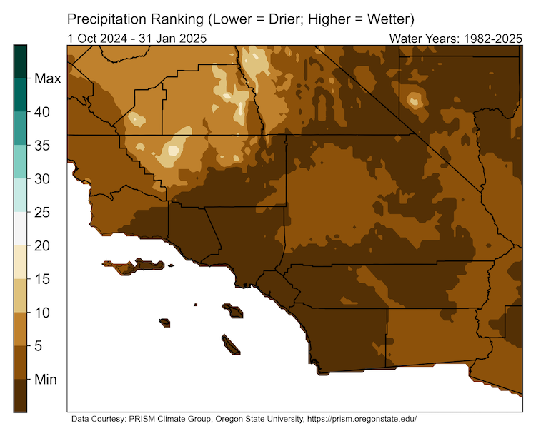 Almost all of San Diego, Orange County, Los Angeles, Ventura and Clark County would have the driest start to the water year if no additional precipitation falls in these regions in January.  