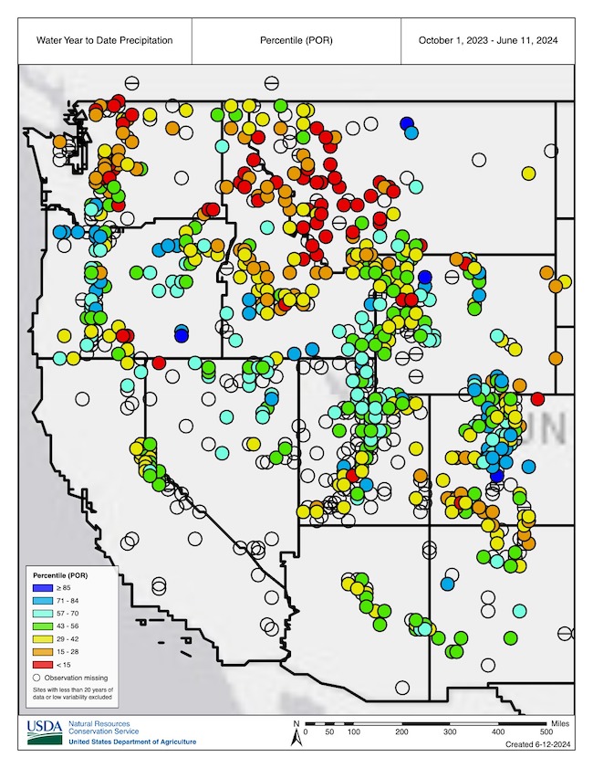 Many SNOTEL stations in the northern Rockies and Washington saw water year precipitation below the 15th percentile. Eight stations in Montana and two in Washington saw record low values.