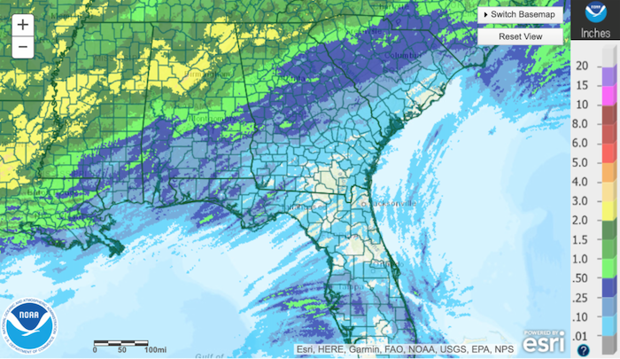NOAA Map showing total rainfall over the past 7 days in the Southeast. The past 7 days, most of the ACF Basin has been relatively dry (less than 1 inch).