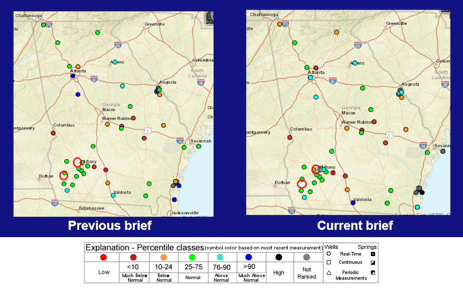 Real-time groundwater levels compared to normal conditions across the ACF basin on December 15, 2020 (left image) and January 26, 2021 (right image). Most stations are in the normal range (25%-75%), with levels ranging from above-normal (76%-90%) to low.
