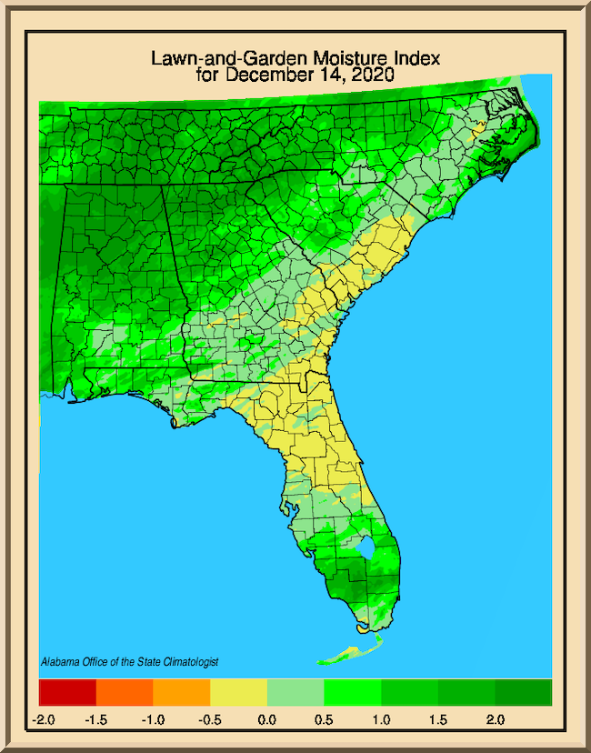 December 14 Lawn and Garden Moisture Index map from the University of Alabama at Huntsville. There is dryness in northeast Florida and southeast Georgia.