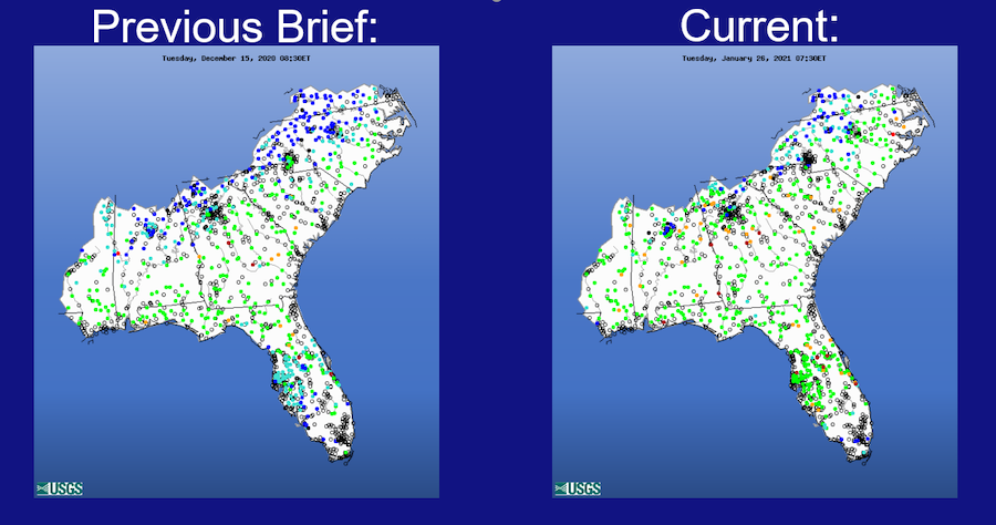 U.S. Geological Survey real-time streamflow maps of the Southeast for December 15, 2020 (left image) and  January 26, 2020 (right image). In the ACF Basin, streamflow levels range from high to much-below normal, with the majority of locations within normal range.