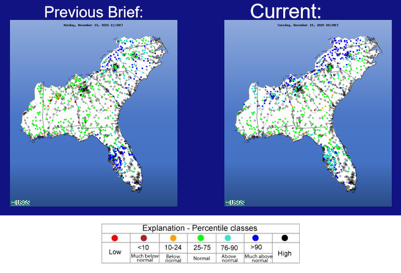 U.S. Geological Survey real-time streamflow maps of the Southeast for November 23, 2020 (left) and December 15, 2020 (right). treamflow in the ACF basin are currently in the high to below normal range, with the majority of locations in the normal range. 