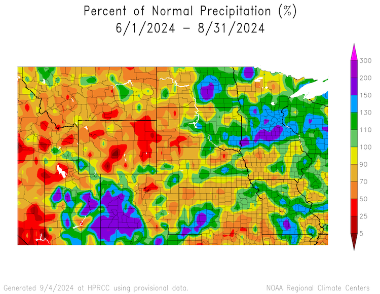 Portions of Montana, Wyoming, South Dakota, and Nebraska have received 5% to 50% of their normal precipitation over the summer (June–August). Other areas, including eastern North and South Dakota, received near-normal to above-normal precipitation (100% to more than 150% of normal).