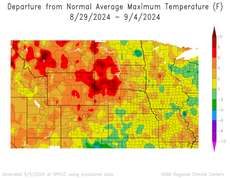 Over the 7-day period from August 29 to September 4, temperatures were near- to below- normal across large parts of North Dakota. Nebraska, South Dakota, Wyoming, and Montana saw average maximum temperatures 6+ degrees above normal. 