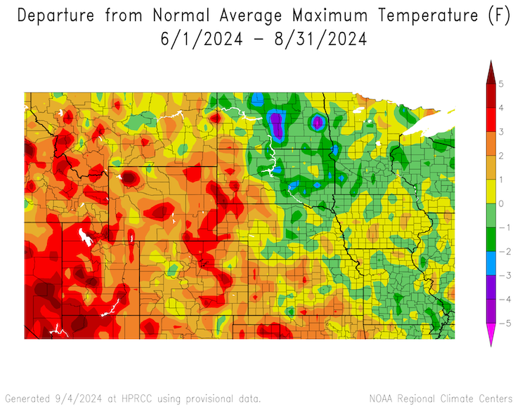 Over the summer from June to August, maximum temperatures were above normal across most of the Basin with the exception of eastern North Dakota, South Dakota, and Nebraska. Eastern Wyoming, western South Dakota, and western Nebraska saw maximum temperatures 2 to 6 degrees above average during this period. Parts of eastern North Dakota and South Dakota saw temperatures that were closer to the 1991-2020 normals. 