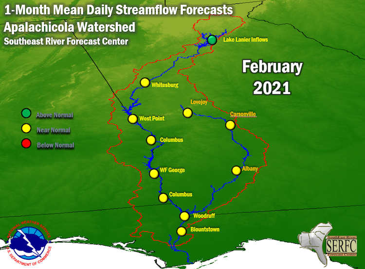 The 1-month mean daily streamflow forecast for the Apalachicola Watershed, which predicts near normal flow conditions across all stations except Lake Lanier Inflows (which is predicted to be above-normal).