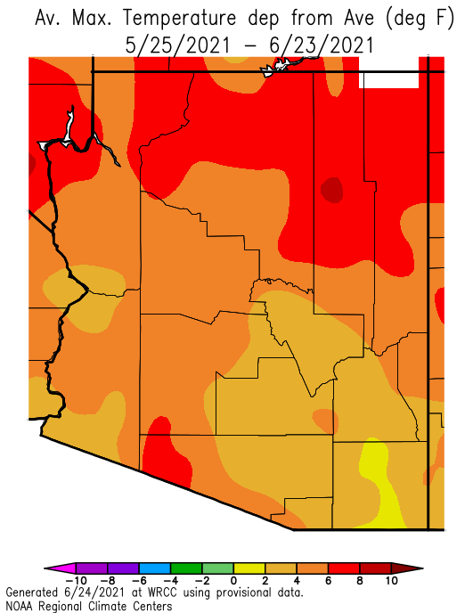 Average maximum temperature departure from average for Arizona, from May 25 to June 23, 2021.