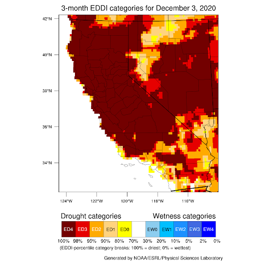 3-Month Evaporative Demand Drought Index (EDDI) from NOAA/ESRL and the Great Basin Dashboard.