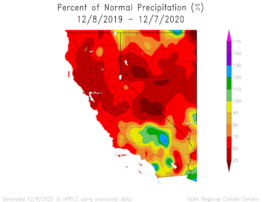 Map of California and Nevada Showing Percent of Normal Precipitation for the Last Year. Most regions show lower precipitation than normal.
