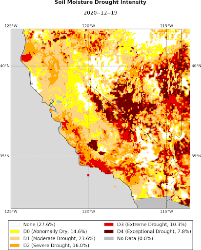 California-Nevada Map Showing Soil Moisture Intensity from the UCLA Drought Monitor. Valid December 19, 2020.