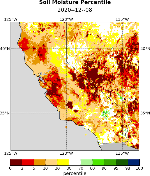 California-Nevada Map Showing Soil Moisture Percentiles from the UCLA Drought Monitor.