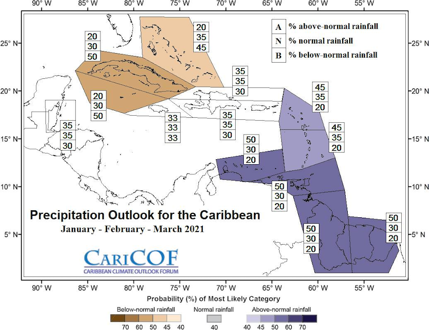 January to March 2021 precipitation outlook for the Caribbean, from the Caribbean Climate Outlook Forum. Shows no predictability in Puerto Rico or the U.S. Virgin Islands.